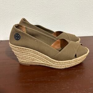 Tory Burch Olive Green Canvas Espadrille Wedge Sandals